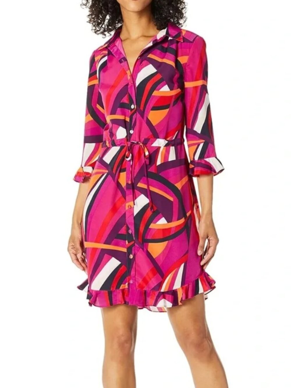 Trina Turk Pink & Orange Geometric Button-Front A line Shirt Dress SMALL